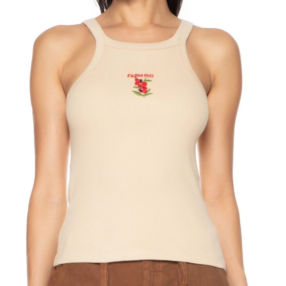 FARM RIO Brazil Floral Embroidered Ribbed Tank Top Size GG(12/14) Beige Tropical